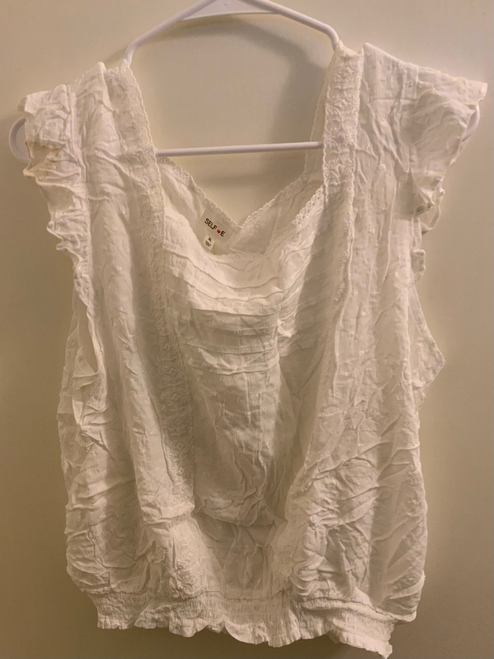 Women's White Ruffle Lace-Trim Sleeveless Blouse